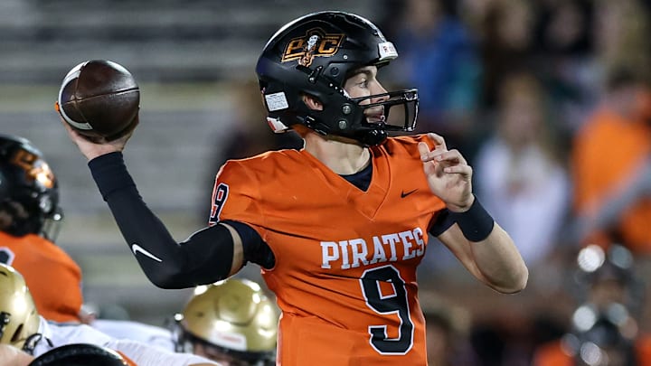 Platte County quarterback Rocco Marriott passes during the 2024 Show-Me Showdown Missouri Class 5 state title game against Helias Catholic. Platte County quarterback Rocco Marriott passes during the 2024 Show-Me Showdown Missouri Class 5 state title game against Helias Catholic.