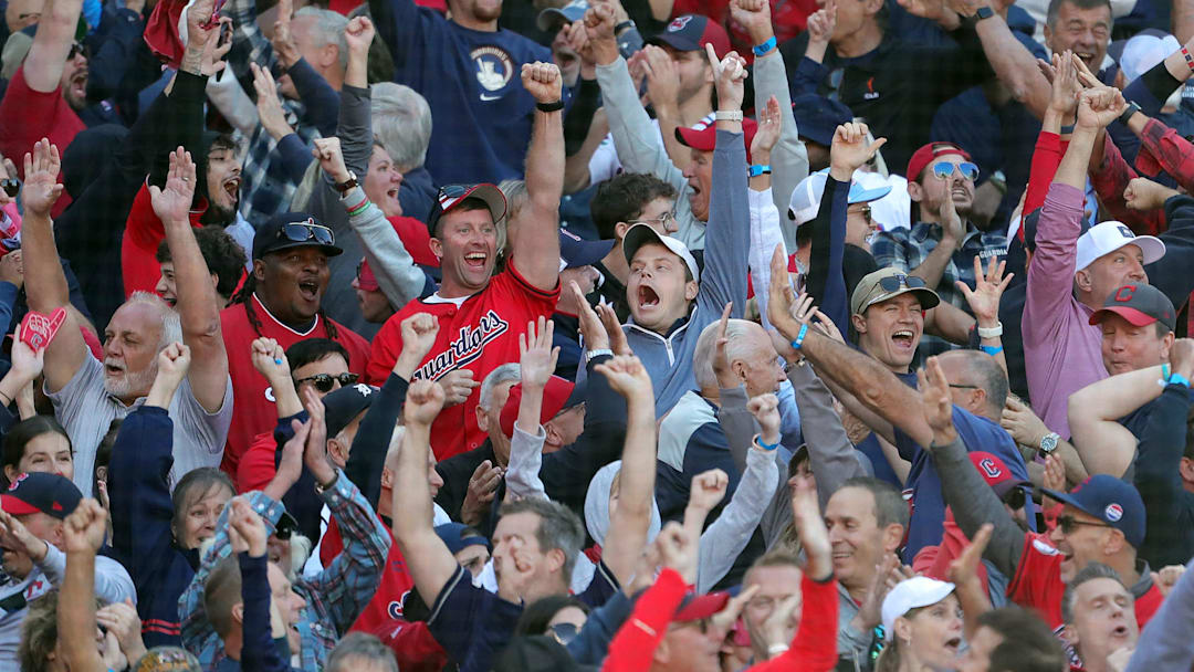 Cleveland Guardians fans go wild after shortstop Brayan Rocchio (4) solo homer during the eighth inning of Game 2 of the American League wild card series at Progressive Field, Oct. 1, 2025, in Cleveland, Ohio. Cleveland Guardians fans go wild after shortstop Brayan Rocchio (4) solo homer during the eighth inning of Game 2 of the American League wild card series at Progressive Field, Oct. 1, 2025, in Cleveland, Ohio.