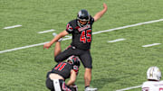 Kicker Kenneth Almendares 45 as the The Louisiana Ragin Cajuns take on the Texas State Bobcats at Cajun Field in Lafayette, LA. Saturday, Oct. 7, 2023.
