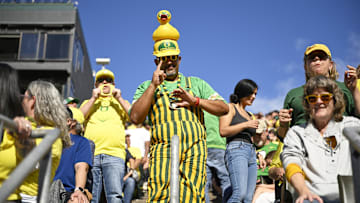 Oct 26, 2024; Eugene, Oregon, USA; An Oregon Ducks fan shows his support during a game against the Illinois Fighting Illini at Autzen Stadium.