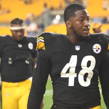 Aug 21, 2021; Pittsburgh, Pennsylvania, USA;  Pittsburgh Steelers linebacker Quincy Roche (48) after the game against the Detroit Lions at Heinz Field. Mandatory Credit: Philip G. Pavely-USA TODAY Sports