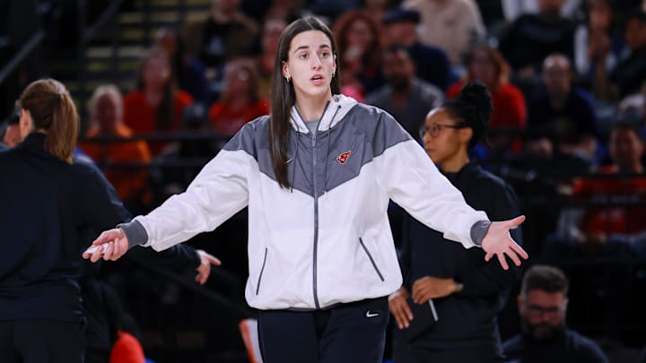 May 28, 2025; Washington, District of Columbia, USA; Indiana Fever guard Caitlin Clark reacts to a call in the second half against the Washington Mystics at Entertainment & Sports Arena. Mandatory Credit: Emily Faith Morgan-Imagn Images