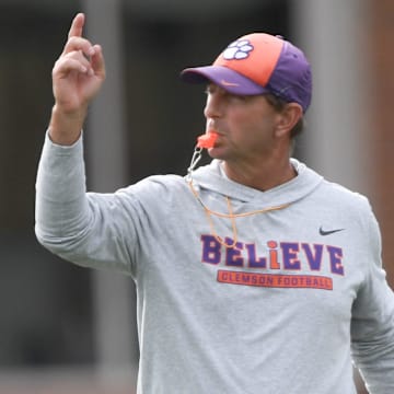 Clemson head coach Dabo Swinney during Spring Practice in Clemson, S.C. Monday, March 24, 2025.