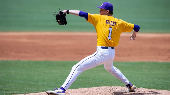 Tigers pitcher Gavin Guidry 1 on the mound as LSU takes on Mississippi State at Alex Box Stadium in Baton Rouge, LA. Sunday, May 14, 2023.