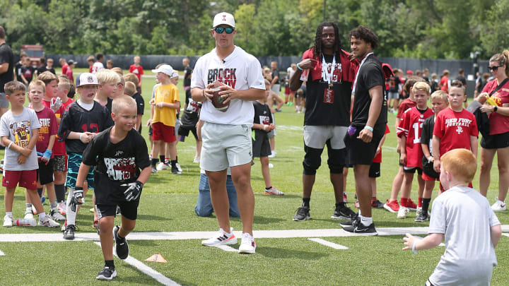 Former Iowa State quarterback and San Francisco 49ers quarterback Brock Purdy passes the ball during a drill at the Brock Purdy Youth Football camp at Jack Trice Stadium football practice field on Saturday, June 22, 2024, in Ames, Iowa