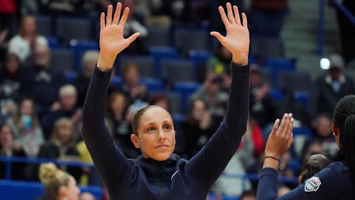 Jan 27, 2020; Hartford, Connecticut, USA; 2020 USA Womens National Team guard Diana Taurasi (12) waves to the crown as she in introduced before the game against the UConn Huskies at XL Center. Mandatory Credit: David Butler II-Imagn Images