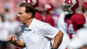 Alabama head coach Nick Saban takes the field for warm ups before the Southern Miss game at Bryant-Denny Stadium in Tuscaloosa, Ala., on Saturday September 21, 2019.