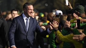 Oct 26, 2024; Eugene, Oregon, USA; Oregon Ducks head coach Dan Lanning greets fans before a game against the Illinois Fighting Illini at Autzen Stadium.