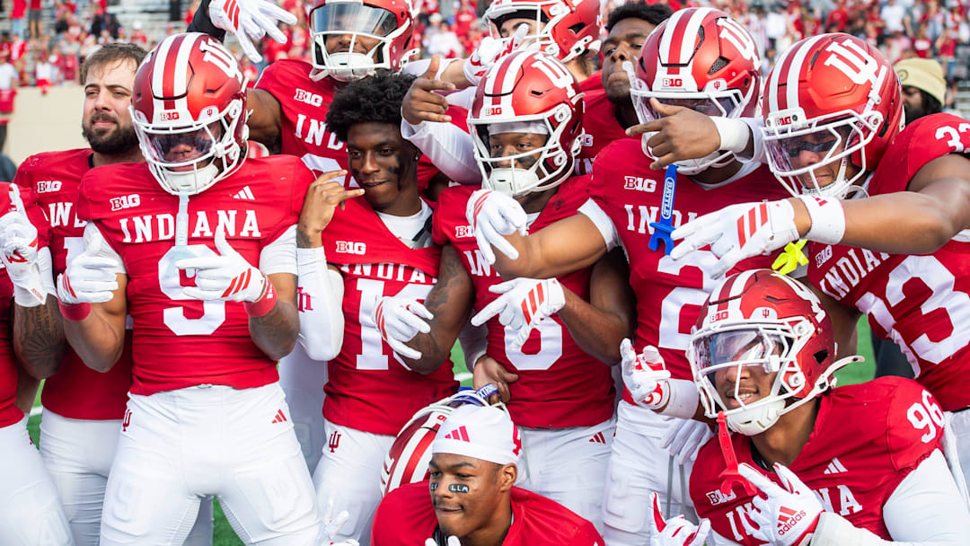 The Hoosiers celebrate after the Indiana versus Wiscsonsin football game at Memorial Stadium on Saturday, Nov. 15, 2025.
