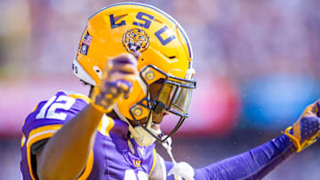 Kyle Parker 12 celebrates after scoring a touchdown as the LSU Tigers take on UCLA at Tiger Stadium in Baton Rouge, LA. Saturday, Sept. 21, 2024.