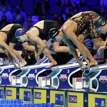Jun 15, 2021; Omaha, Nebraska, USA; Katie Ledecky on the starting block in the Women s 200m Freestyle prelims during the U.S. Olympic Team Trials Swimming competition at CHI Health Center Omaha. Mandatory Credit: Rob Schumacher-USA TODAY Sports