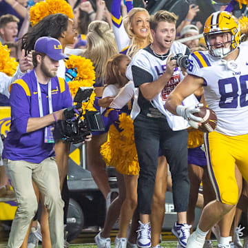 LSU tight end Mason Taylor celebrates after scoring the game-winning two point conversion in overtime against Alabama at Tiger Stadium.

2022-11-06-lsu-mason-taylor