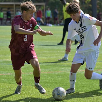 Nobles' Luke Gellert (15) works his way through Taft School defenders at the NXT LVL Showcase in Albany, N.Y. Nobles is up t No. 4 in the Prep Top 15.