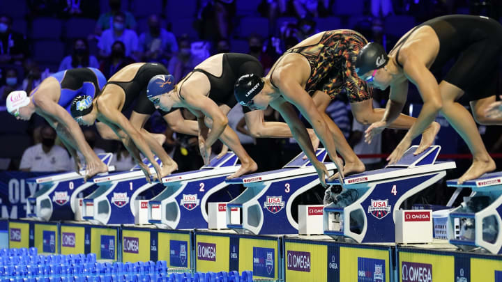 Jun 15, 2021; Omaha, Nebraska, USA; Katie Ledecky on the starting block in the Women s 200m Freestyle prelims during the U.S. Olympic Team Trials Swimming competition at CHI Health Center Omaha. Mandatory Credit: Rob Schumacher-USA TODAY Sports