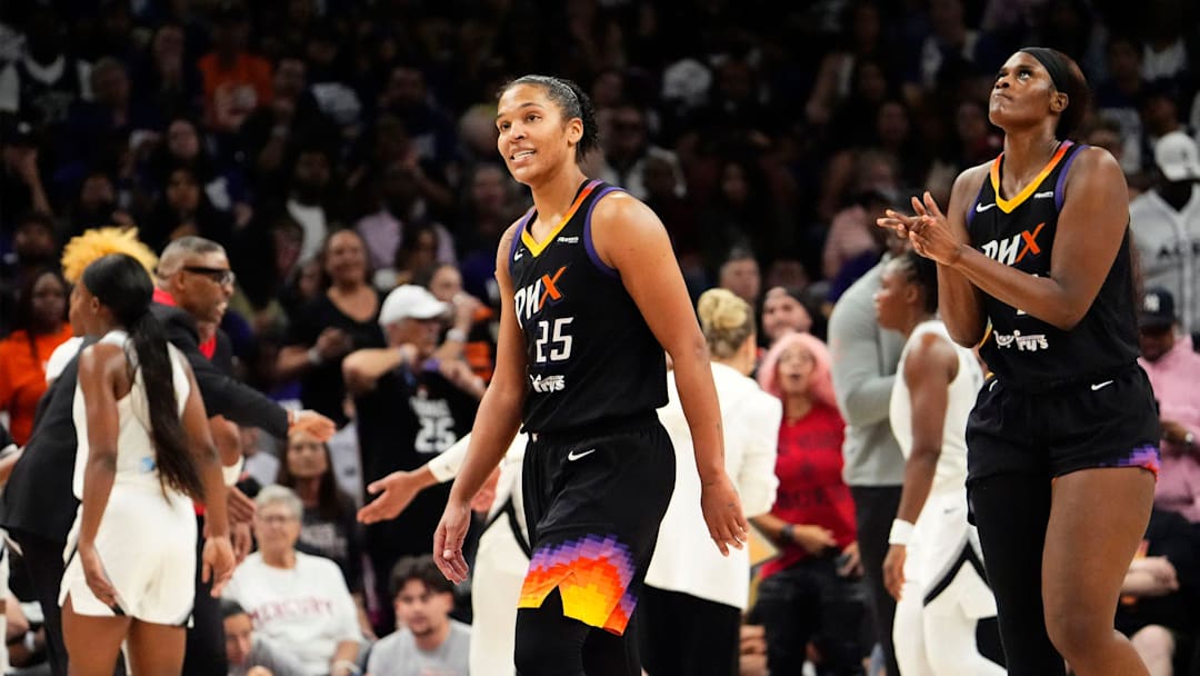 Phoenix Mercury forward Alyssa Thomas (25) reacts against the Las Vegas Aces late in the fourth quarter in Game Four of the WNBA Finals at Mortgage Matchup Center on Oct. 10, 2025, in Phoenix.