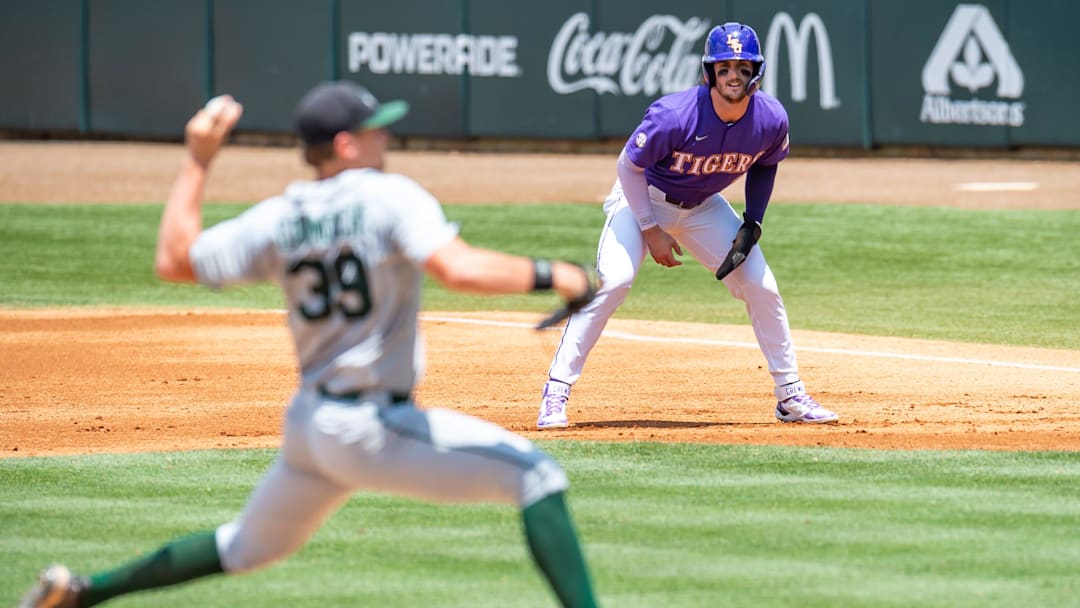 Dylan Crews 3 on first as The LSU Tigers take on Tulane in the first round of the 2023 NCAA Div 1 Baseball Championship at Alex Box Stadium in Baton Rouge, LA. Friday, June 2, 2023.