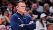 Illinois Fighting Illini head coach Brad Underwood watches the action Friday, March 14, 2025, in a quarterfinals game at the 2025 TIAA Big Ten Men’s Basketball Tournament between the Maryland Terrapins and the Illinois Fighting Illini at Gainbridge Fieldhouse in Indianapolis.