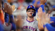 Sep 27, 2025; Miami, Florida, USA; New York Mets first baseman Pete Alonso (20) celebrates his solo home run against the Miami Marlins in the third inning at loanDepot Park. Mandatory Credit: Jim Rassol-Imagn Images