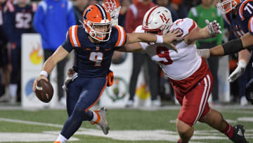 Oct 6, 2023; Champaign, Illinois, USA;  Ty Robinson (9) during the second half at Memorial Stadium. Mandatory Credit: Ron Johnson-USA TODAY Sports