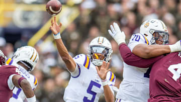 Quarterback Jayden Daniels 5 as the LSU Tigers take on Texas A&M in Tiger Stadium in Baton
