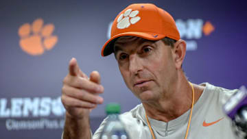 Clemson football head coach Dabo Swinney talks with media before the first football practice at the Allen N. Reeves Football Complex at Clemson University in Clemson, S.C. Friday, February 28, 2025.