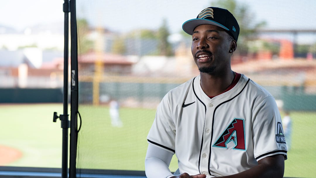 Gino Groover gives an interview during the Arizona Fall League media day at Scottsdale Stadium on Oct. 4, 2024, in Scottsdale, Arizona.