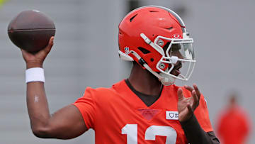Browns quarterback Shedeur Sanders throws during training camp, Friday, July 25, 2025, in Berea.