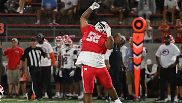 Mater Dei junior defensive lineman Tomuhini Topui celebrates a big play against Bishop Gorman on Friday, Sept. 6, 2024.