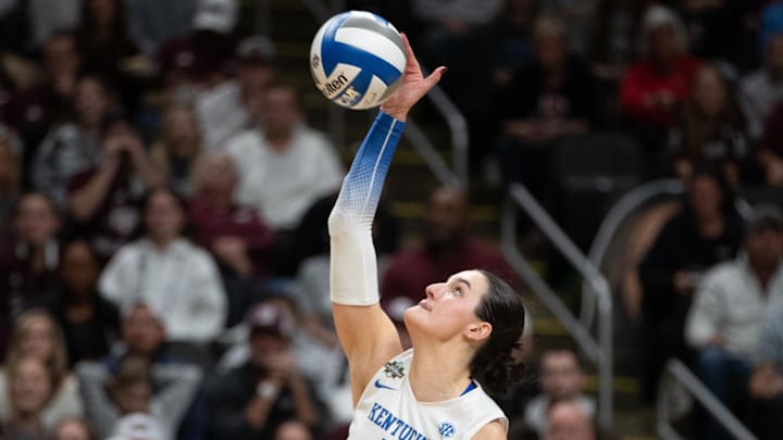 Dec 21, 2025; Kansas City, MO, USA; Kentucky Wildcats outside hitter Eva Hudson (7) serves the ball against Texas A&M in the second set of the 2025 NCAA Women’s Volleyball Championship at T-Mobile Center.Mandatory Credit: Kylie Graham-Imagn Images