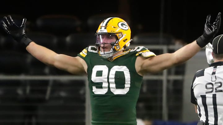 Green Bay Packers linebacker Lukas Van Ness (90) reacts against the Dallas Cowboys during the fourth quarter of their wild card playoff game Sunday, January 14, 2024 at AT&T Stadium in Arlington, Texas. Green Bay defeated Dallas 48-32.