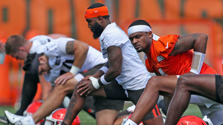 Browns quarterback Deshaun Watson stretches with the team during minicamp, Tuesday, June 11, 2024, in Berea.