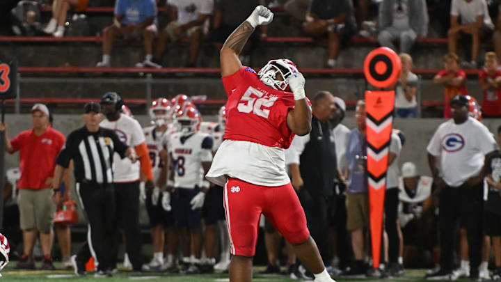 Mater Dei junior defensive lineman Tomuhini Topui celebrates a big play against Bishop Gorman on Friday, Sept. 6, 2024.