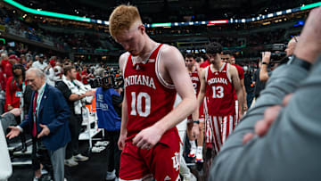 Indiana Hoosiers forward Luke Goode (10) walks off the court Thursday, March 13, 2025, after the team’s 72-59 loss to the Oregon Ducks during the 2025 TIAA Big Ten Men’s Basketball Tournament at Gainbridge Fieldhouse in Indianapolis.