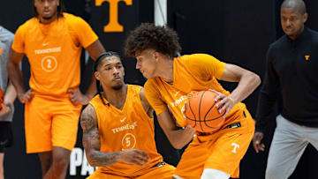 Tennessee guard Zakai Zeigler (5) and Tennessee guard Cameron Carr (43) face off in a drill during a UT preseason basketball practice at Pratt Pavilion on Tuesday, Sept. 24, 2024.