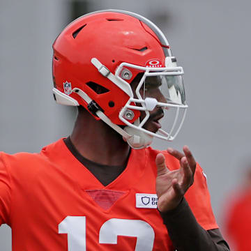 Browns quarterback Shedeur Sanders throws during training camp, Friday, July 25, 2025, in Berea.