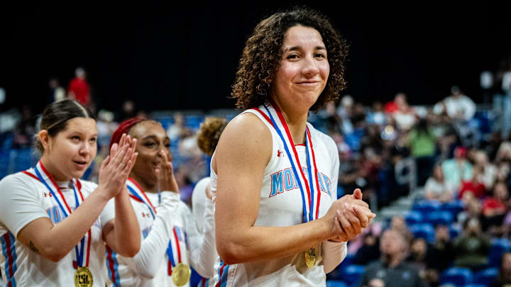 Lubbock Monterey guard Aaliyah Chavez (2) celebrates the team's 64-35 Texas UIL 5A Division II state championship over Liberty Hill at the Alamodome in San Antonio, March 1, 2025. Lubbock Monterey guard Aaliyah Chavez (2) celebrates the team's 64-35 Texas UIL 5A Division II state championship over Liberty Hill at the Alamodome in San Antonio, March 1, 2025.