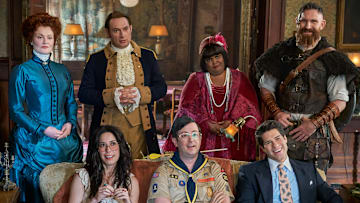 “Halloween 4: The Witch” – The ghosts, seeking some excitement during a low-key Halloween, join Patience (Mary Holland) in putting Sam on a witch trial, on the CBS Original series GHOSTS, Thursday, Oct. 31 (8:31-9:01 PM, ET/PT) on the CBS Television Network, and streaming on Paramount+ (live and on demand for Paramount+ with SHOWTIME subscribers, or on demand for Paramount+ Essential subscribers the day after the episode airs)*. Pictured (L-R): Top Row: Rebecca Wisocky as Hetty, Brandon Scott