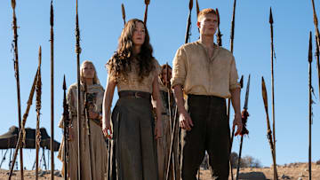 Rosamund Pike (Moiraine Damodred), Josha Stradowski (Rand al’Thor) in The Wheel of Time season 3. Image: Prime Video.