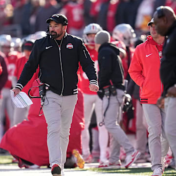 Ohio State Buckeyes head coach Ryan Day walks the sideline during the second half of the NCAA football game against the Michigan Wolverines at Ohio Stadium in Columbus on Saturday, Nov. 30, 2024. Michigan won 13-10.