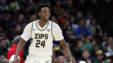 Akron Zips guard Ali Ali (24) celebrates during the second half of an NCAA college basketball game