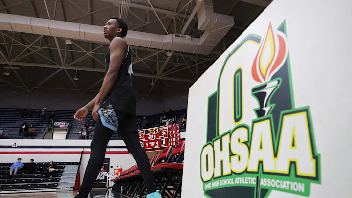 Huntington Prep guard Darryn Peterson, a native of Canton, takes the court for the second half against Richmond Heights at Canton Memorial Field House, Saturday, Feb. 17, 2024.