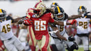 Birmingham Stallions receiver Deon Cain, runs for a a gain in the second half against the Pittsburgh Maulers during the USFL Championship Game at Tom Benson Hall of Fame Stadium, Saturday, July 1, 2023, in Canton.