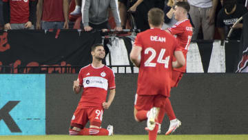 Hugo Cuypers #9 (L) celebrates scoring a goal during the MLS...