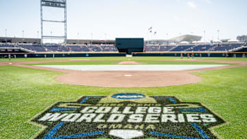 Jun 19, 2022; Omaha, NE, USA; The 2022 NCAA College World Series logo is pictured on the field before the game between the Texas Longhorns and the Texas A&M Aggies at Charles Schwab Field. Mandatory Credit: Dylan Widger-Imagn Images