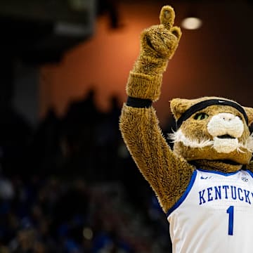 The Wildcats' mascot played to the crowd during Kentucky basketball's Blue-White scrimmage tipped off at Northern Kentucky University on Saturday, Oct. 21, 2023.