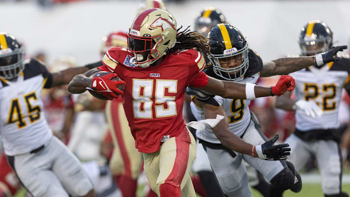 Birmingham Stallions receiver Deon Cain, runs for a a gain in the second half against the Pittsburgh Maulers during the USFL Championship Game at Tom Benson Hall of Fame Stadium, Saturday, July 1, 2023, in Canton.