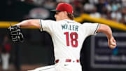 Arizona Diamondbacks pitcher Shelby Miller throws to the Chicago Cubs in the eighth inning at Chase Field on March 28, 2025, in Phoenix.