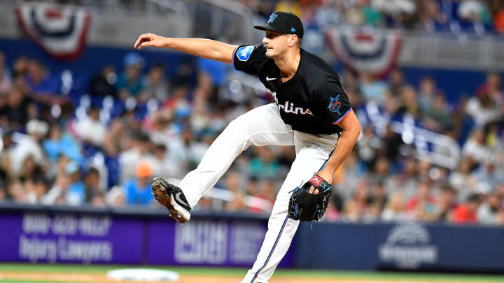 Mar 29, 2024; Miami, Florida, USA;  Miami Marlins relief pitcher Burch Smith (20) delivers a pitch during the seventh inning against the Pittsburgh Pirates at loanDepot Park
