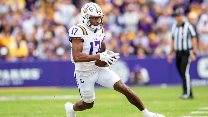 Chris Hilton Jr 17 runs the ball as the LSU Tigers take on Texas A&M in Tiger Stadium in Baton Rouge, Louisiana, November 25, 2023.