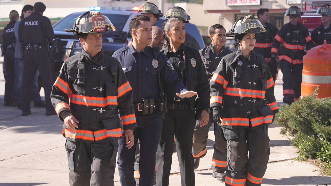 9-1-1 LONE STAR: L-R: Rob Lowe, Rafael Silva, Brian Michael Smith, Gina Torres, Julian Works and Natacha Karam in the "Swipe Left" episode of 9-1-1 LONE STAR airing Tuesday, Apr 11 (8:00-9:01 PM ET/PT) on FOX. © 2023 Fox Media LLC. CR: Kevin Estrada/FOX.